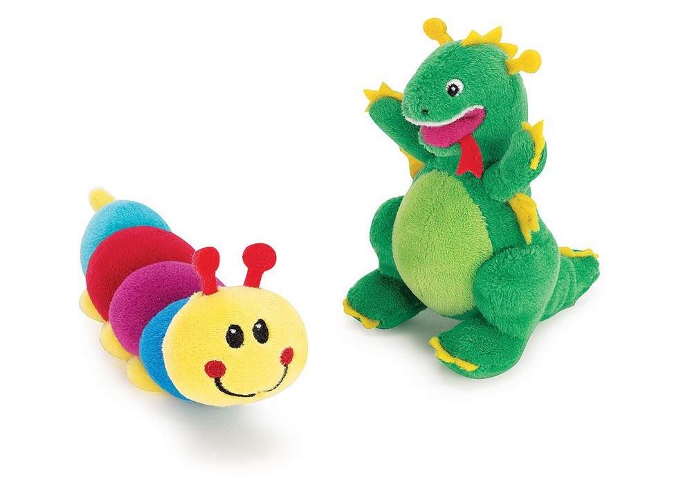 Toy caterpillar and dragon.